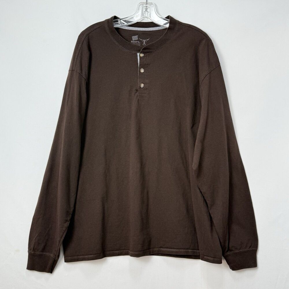 Hanes Beefy Mens Long Sleeve Brown Henley Shirt 3 Button XL